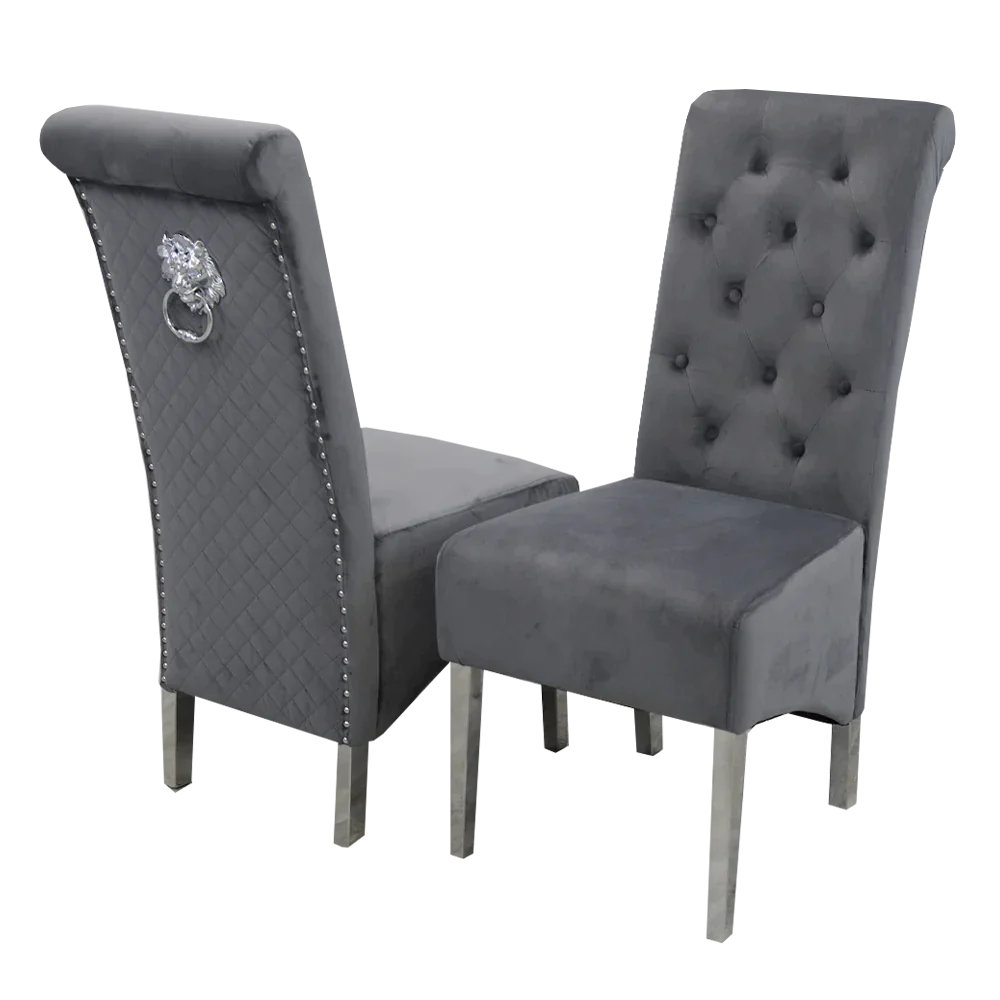 Arial 180cm Marble & Chrome Dining Table With Lucy Slim Quilted Lion Knocker Velvet Chairs - Image 10