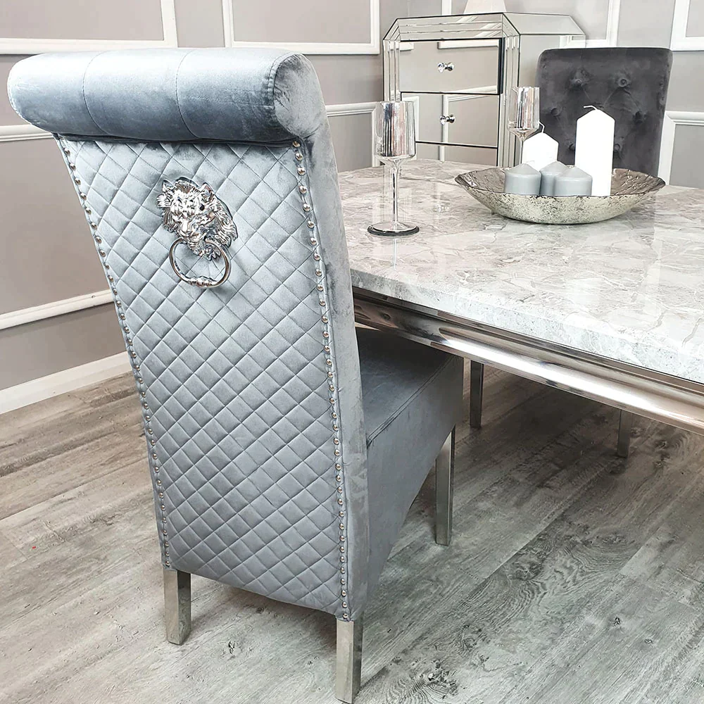 Arial 180cm Marble & Chrome Dining Table With Lucy Slim Quilted Lion Knocker Velvet Chairs - Image 11