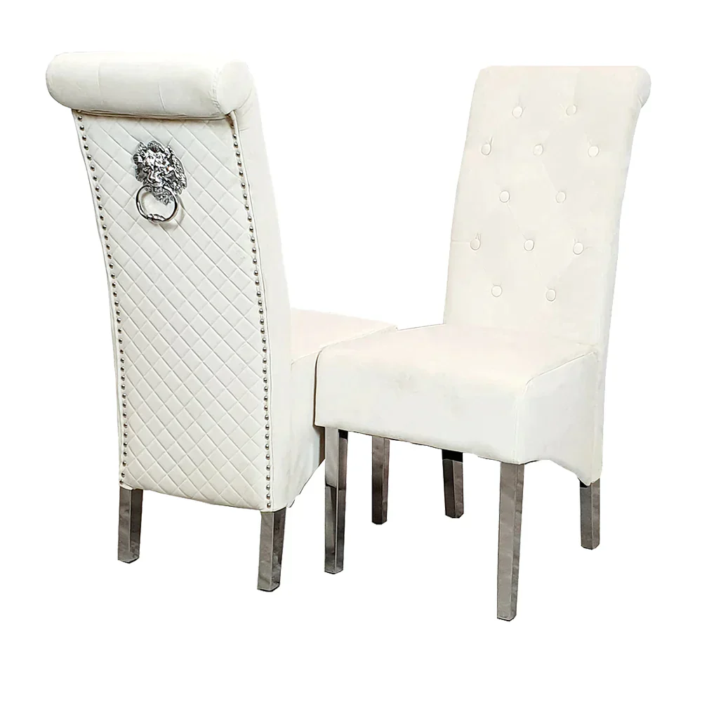 Arial 180cm Marble & Chrome Dining Table With Lucy Slim Quilted Lion Knocker Velvet Chairs - Image 14