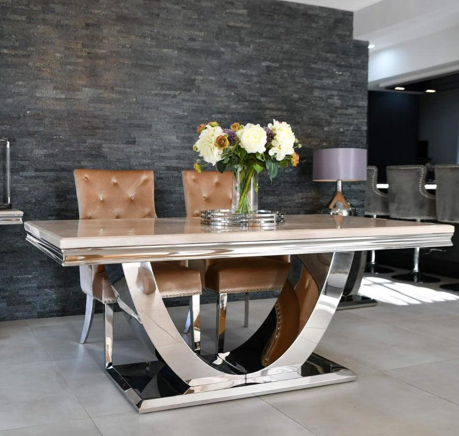 Arial 180cm White Marble Dining Table + Champagne Knocker Plush Velvet Chairs - Image 3