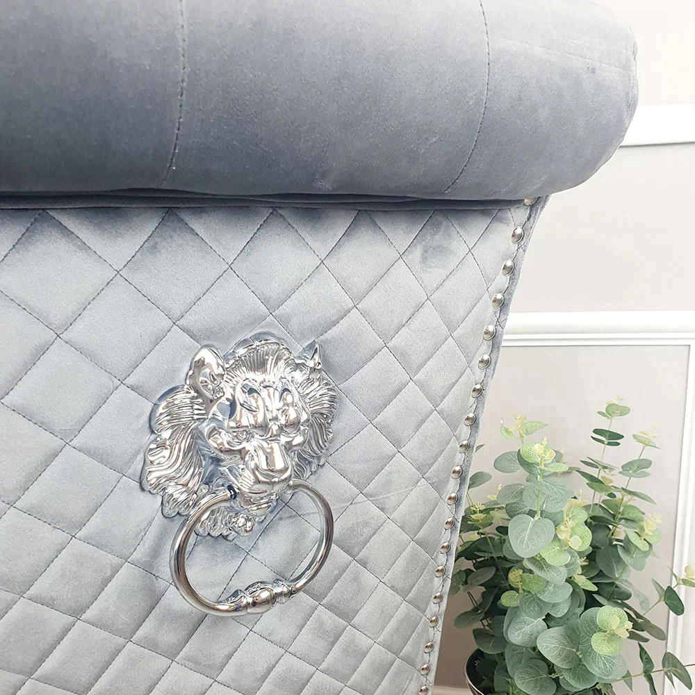 Arial 200cm Marble & Chrome Dining Table With Lucy Slim Quilted Lion Knocker Velvet Chairs - Image 11