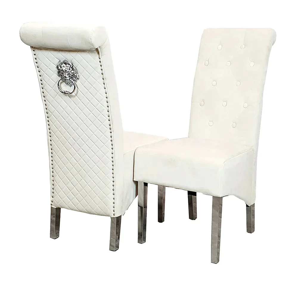 Arial 200cm Marble & Chrome Dining Table With Lucy Slim Quilted Lion Knocker Velvet Chairs - Image 13
