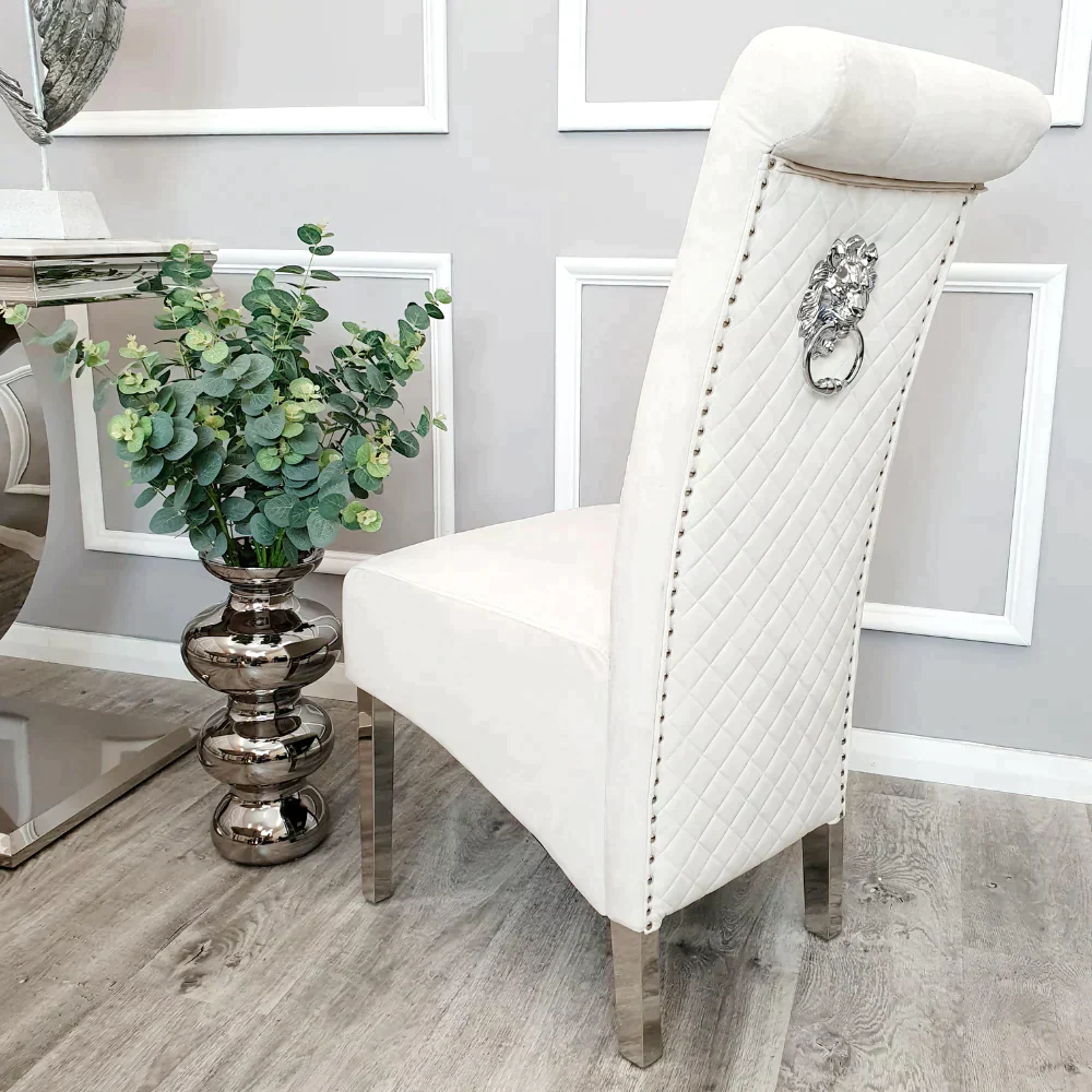 Arial 200cm Marble & Chrome Dining Table With Lucy Slim Quilted Lion Knocker Velvet Chairs - Image 14