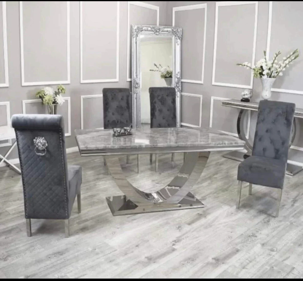 Arial 200cm Marble & Chrome Dining Table With Lucy Slim Quilted Lion Knocker Velvet Chairs - Image 17