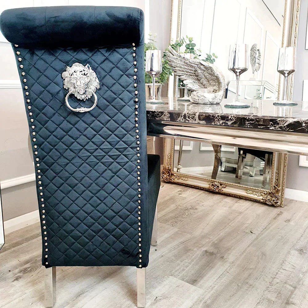 Arial 200cm Marble & Chrome Dining Table With Lucy Slim Quilted Lion Knocker Velvet Chairs - Image 6