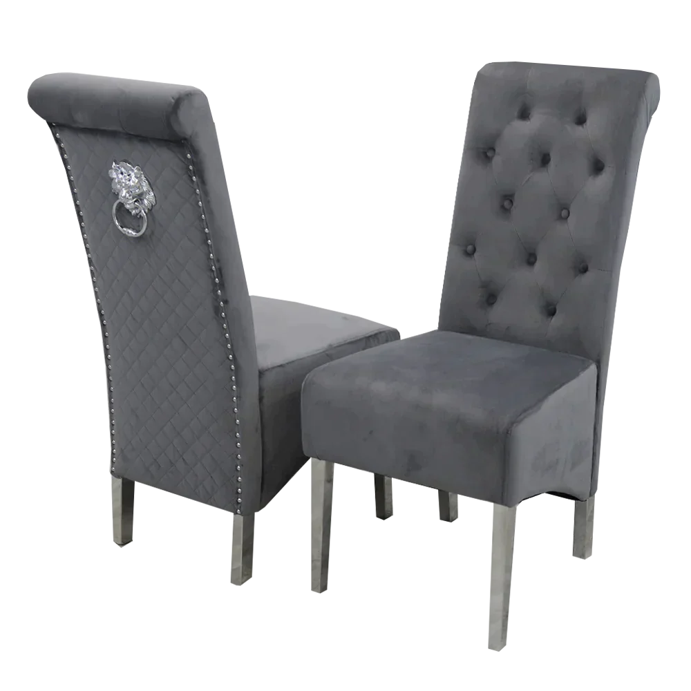 Arial 200cm Marble & Chrome Dining Table With Lucy Slim Quilted Lion Knocker Velvet Chairs - Image 9