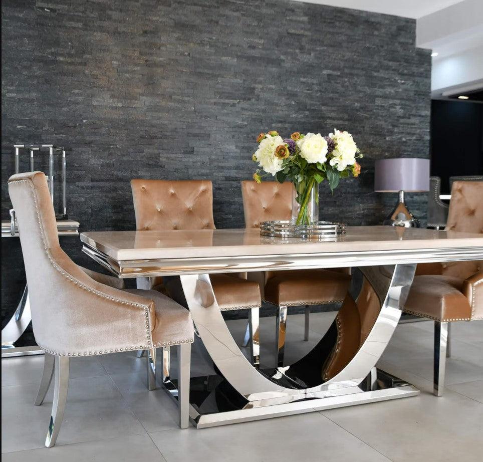 Arial 200cm White Marble Dining Table + Champagne Knocker Plush Velvet Chairs - Image 4