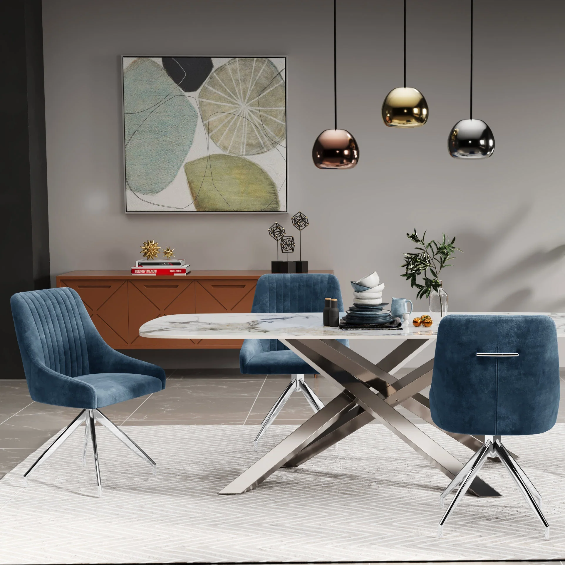 Lennox 180cm Dining Table White/Gold Ceramic Marble Top With Swivel Velvet Chrome Leg Dining Chairs - Image 4
