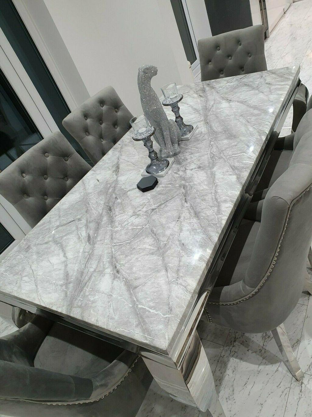 Louis 120cm Grey Marble Dining Table + 2 Grey Lion Knocker Chairs + 110cm Bench - Image 3