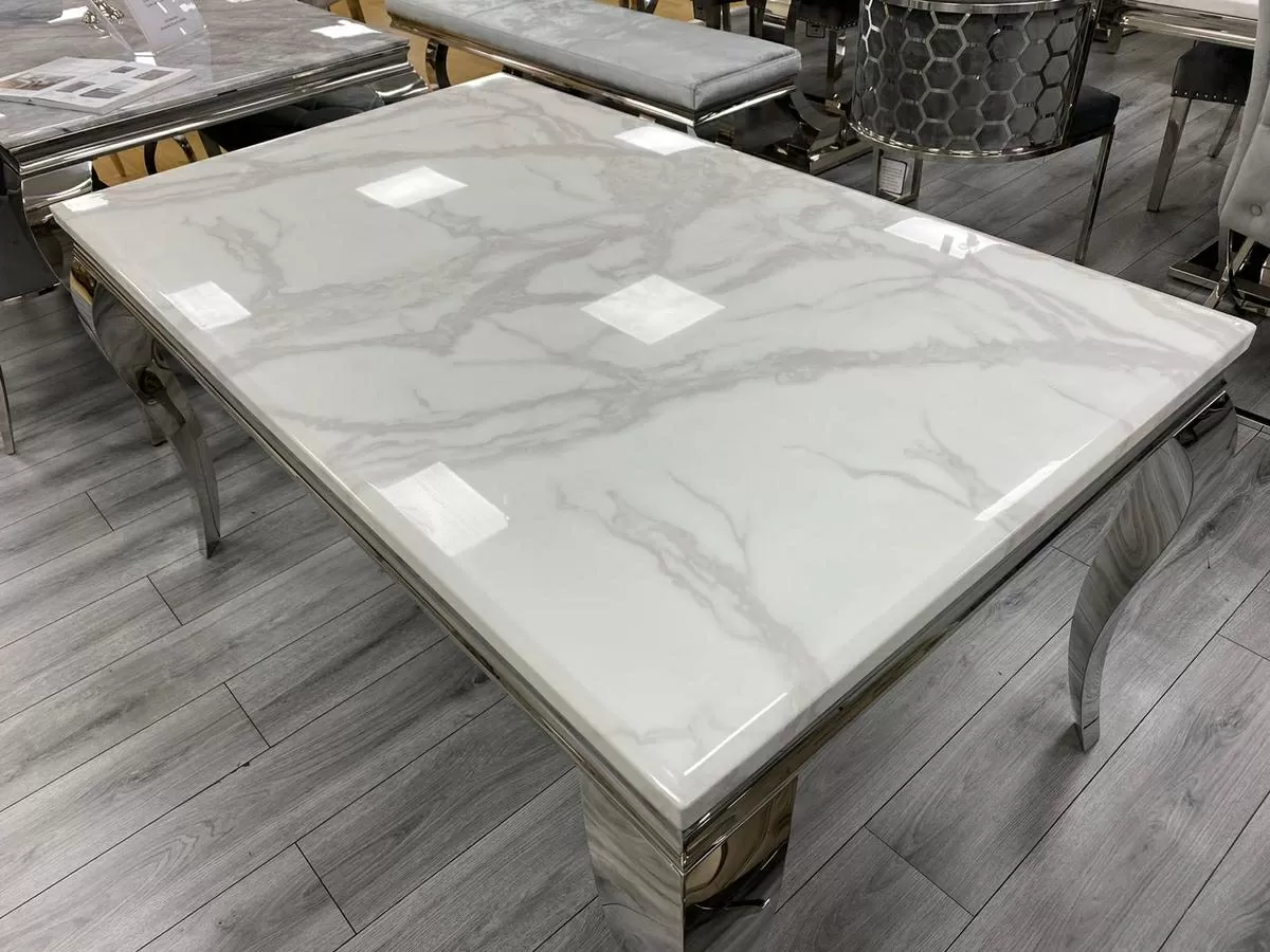 Louis 120cm White Marble Dining Table + Belle Plush Velvet Chairs - Image 9