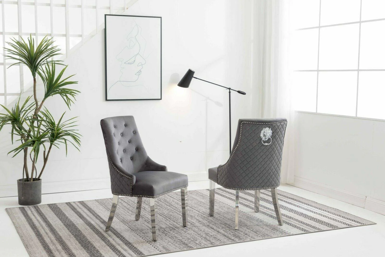 Louis 120cm Grey Marble Dining Table + Grey Lion Knocker Plush Velvet Chairs - Image 6