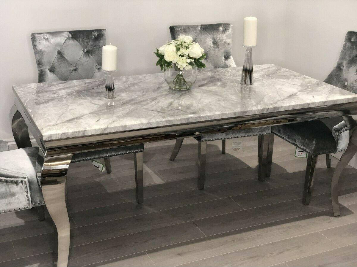 Louis 120cm Grey Marble Dining Table + Knightsbridge Dark Grey Knocker Plush Velvet Chairs - Image 15