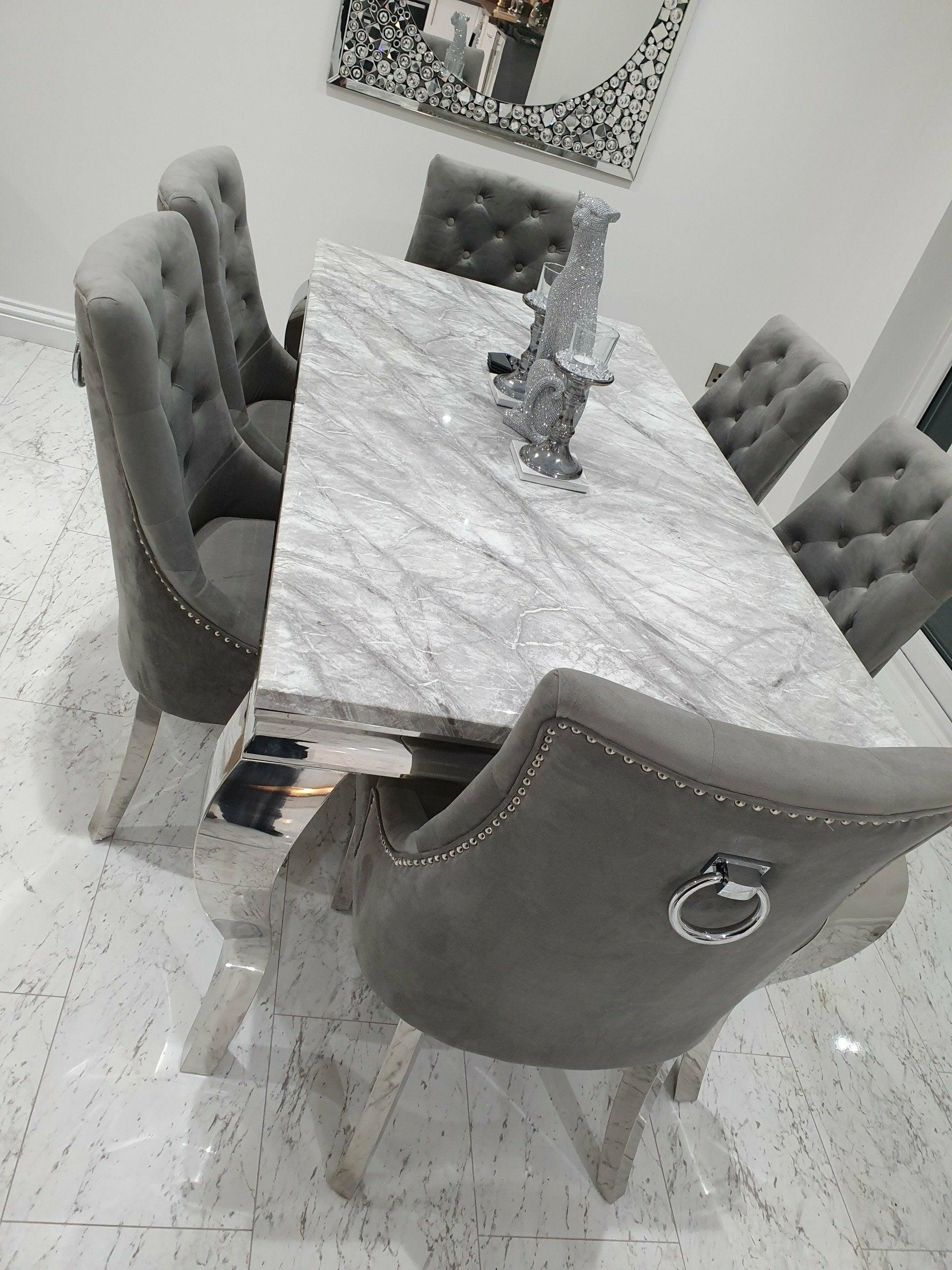 Louis 120cm Grey Marble Dining Table + Knightsbridge Dark Grey Knocker Plush Velvet Chairs - Image 4
