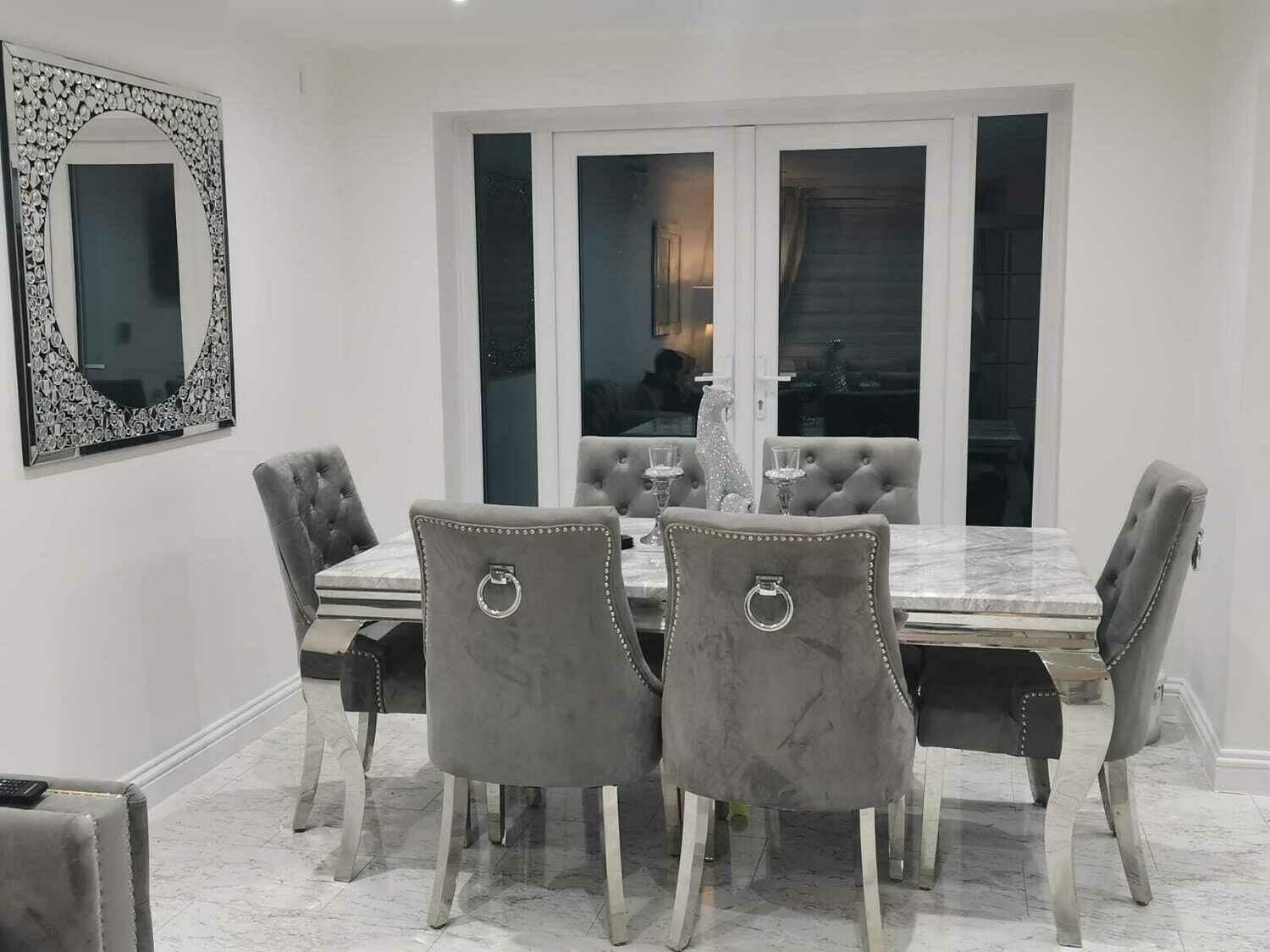 Louis 120cm Grey Marble Dining Table + Knightsbridge Dark Grey Knocker Plush Velvet Chairs - Image 5