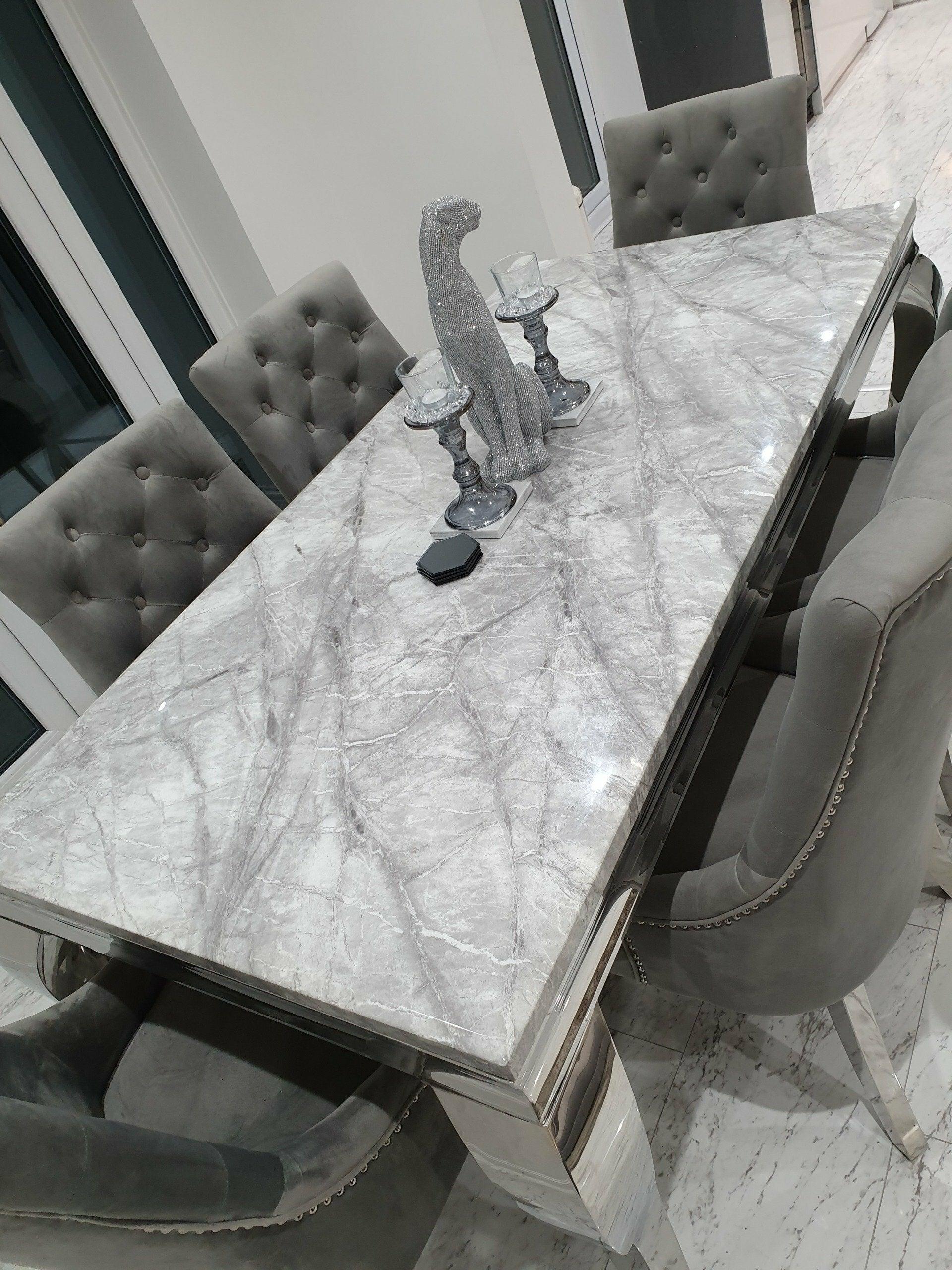 Louis 120cm Grey Marble Dining Table + Knightsbridge Light Grey Knocker Plush Velvet Chairs - Image 12