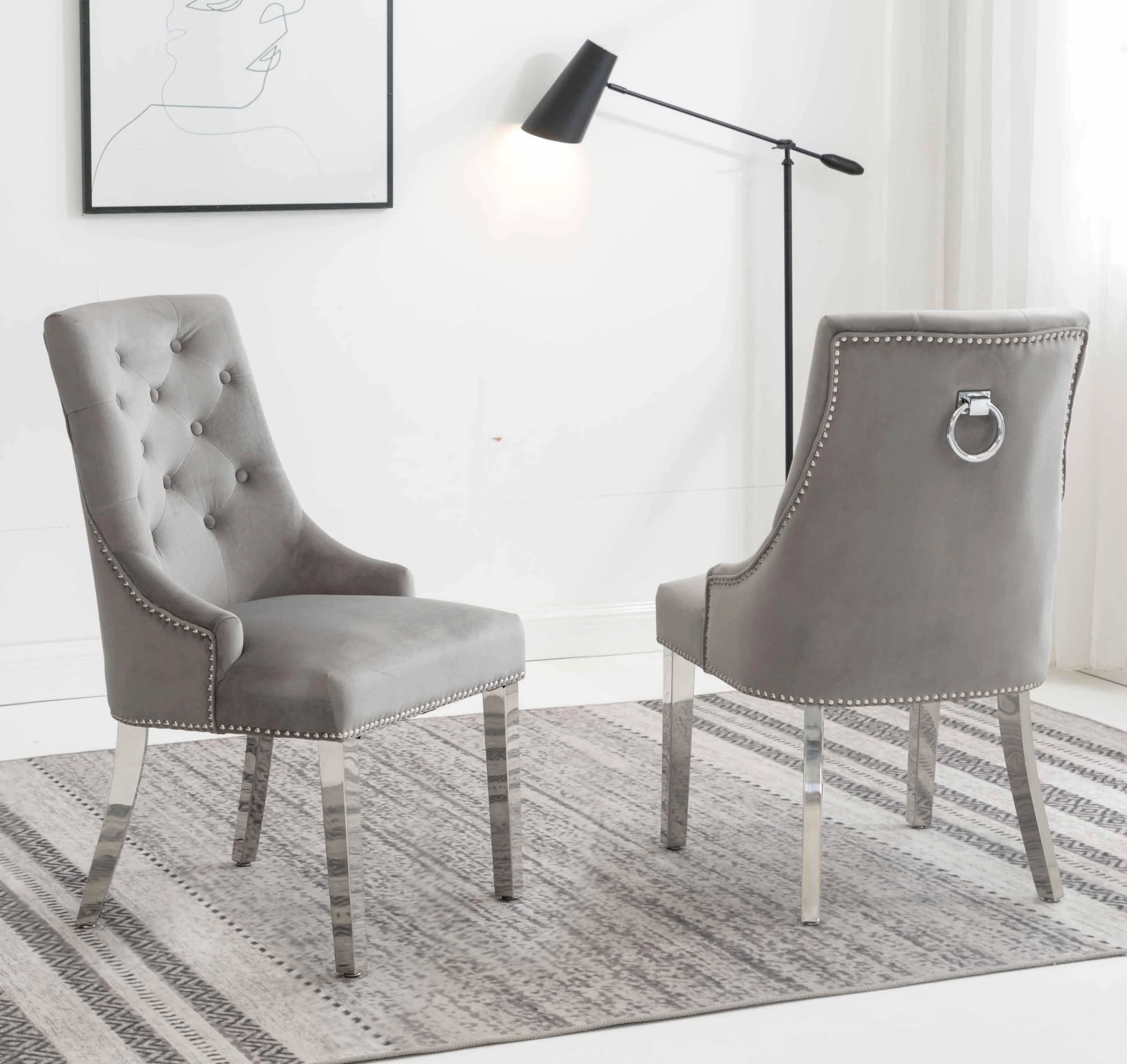 Louis 120cm Grey Marble Dining Table + Knightsbridge Light Grey Knocker Plush Velvet Chairs - Image 7