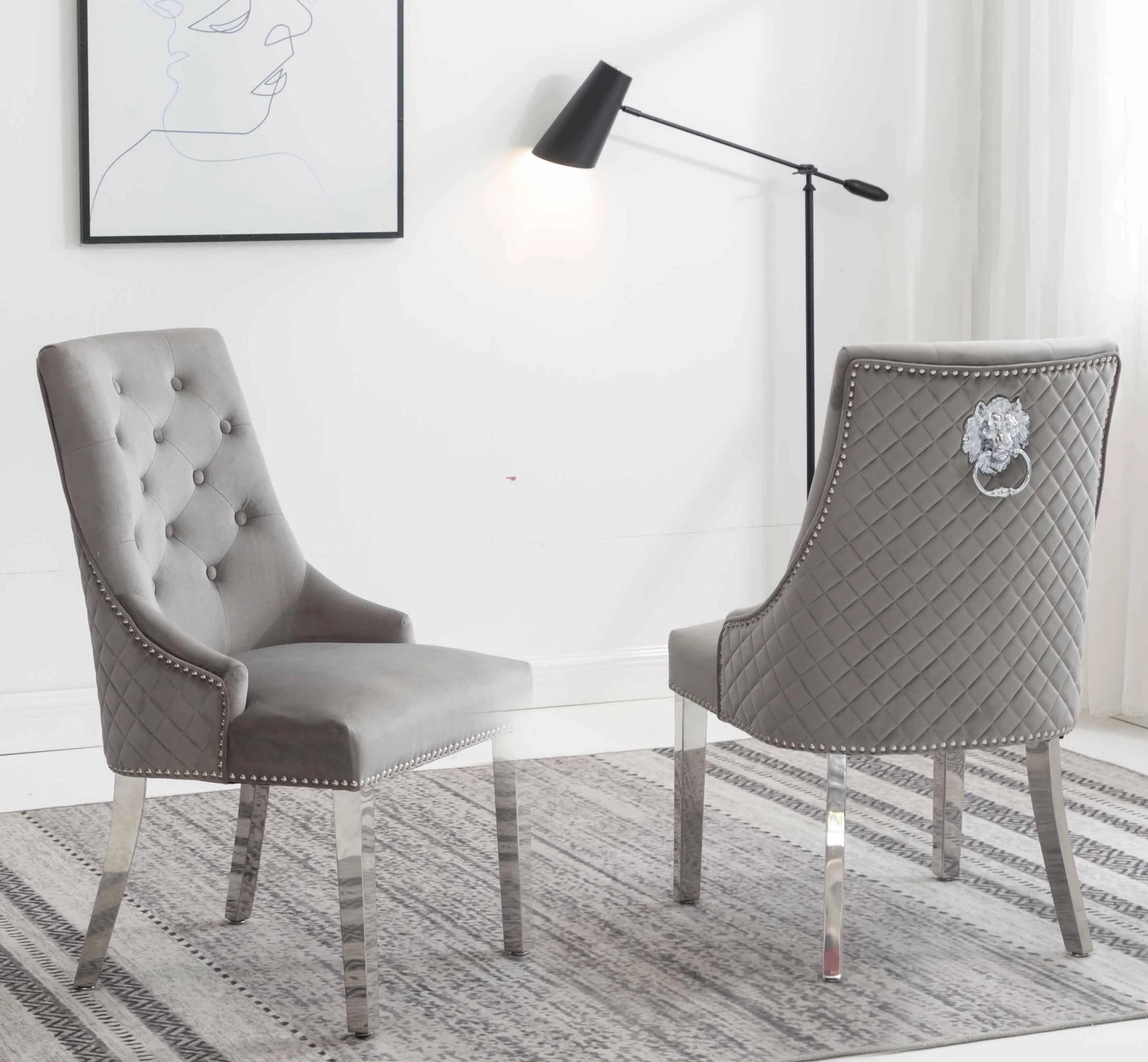 Louis 120cm Grey Marble Dining Table + Light Grey Lion Knocker Plush Velvet Chairs - Image 5