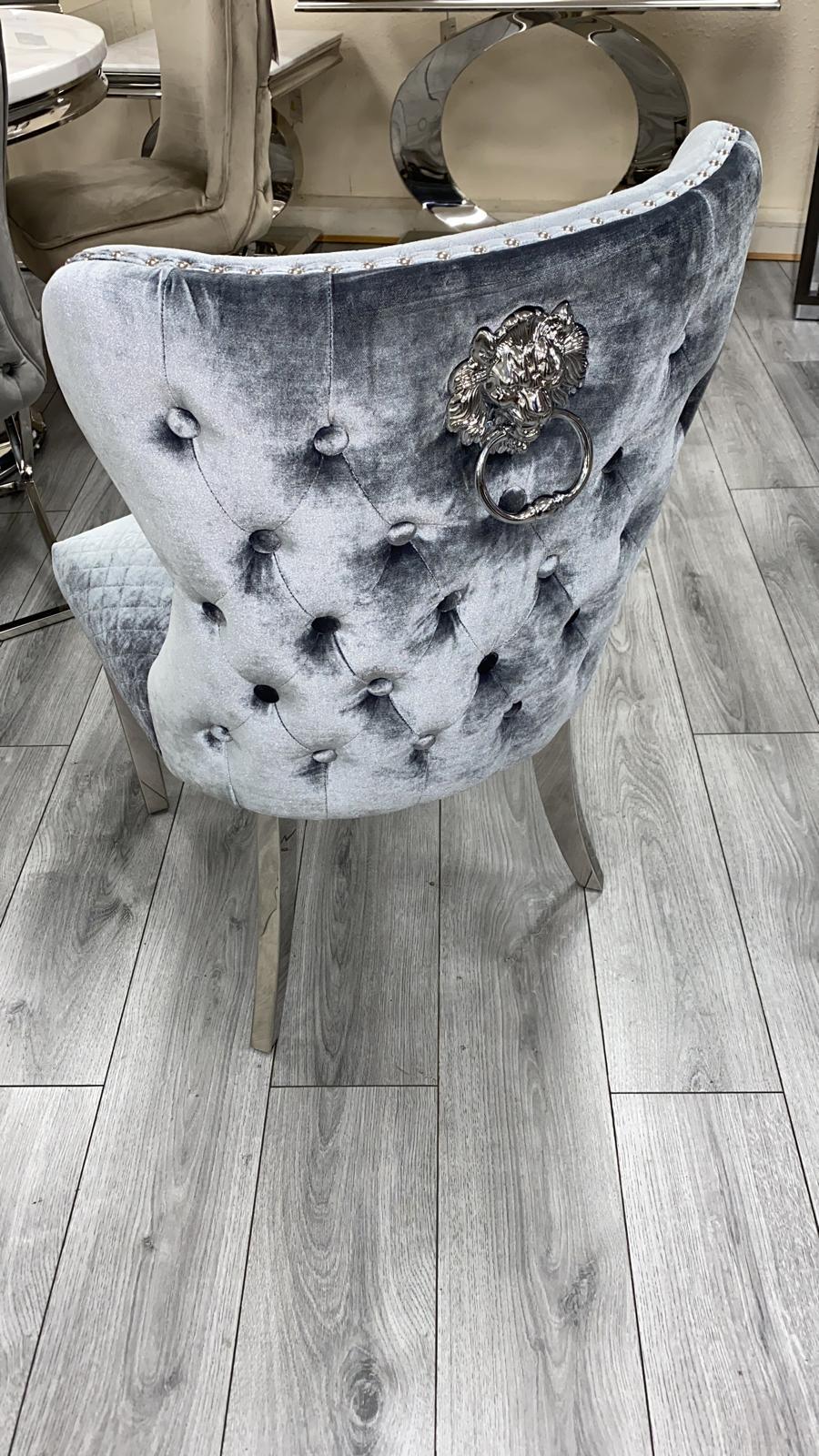 Louis 120cm White Marble Dining Table + Valente Dark Grey Lion Knocker Velvet Chairs - Image 3