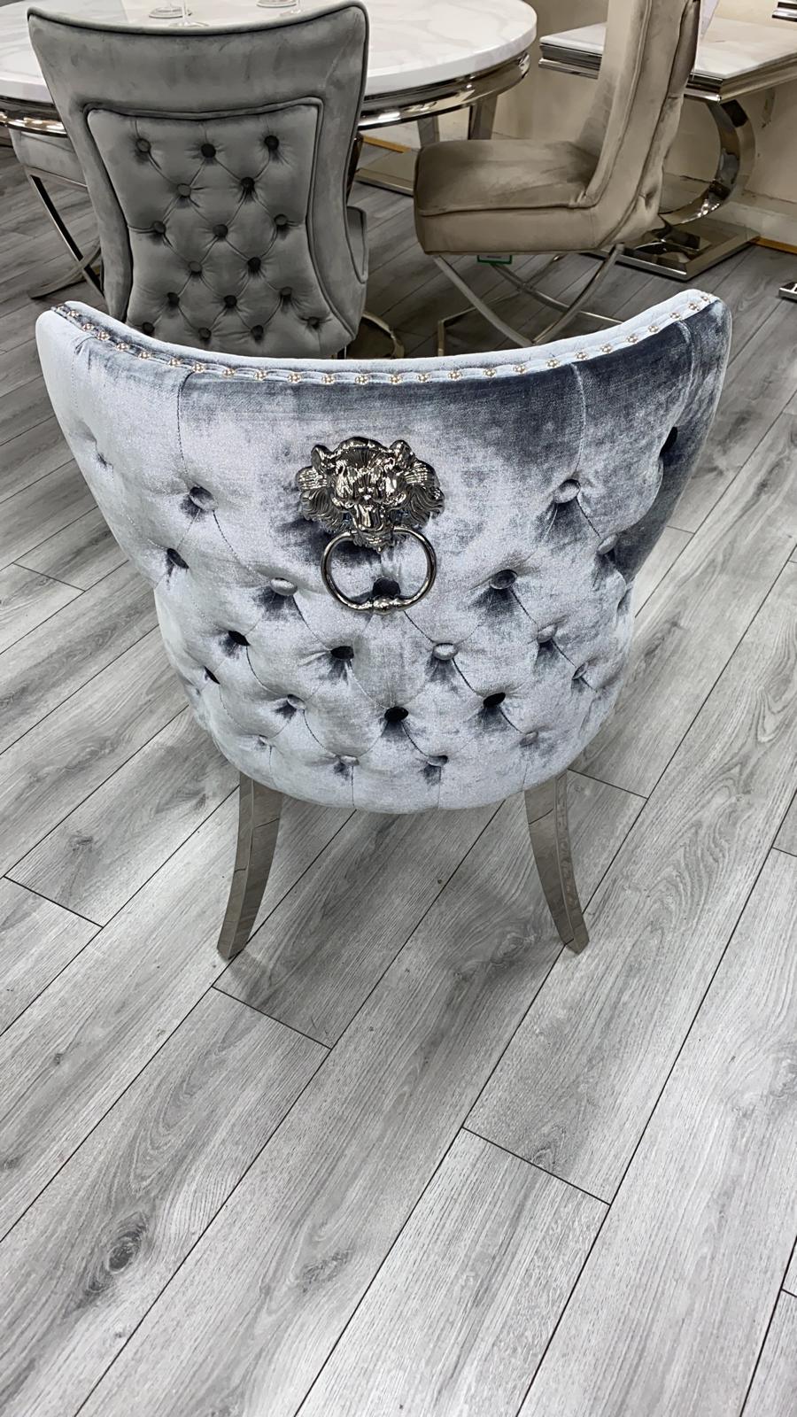 Louis 120cm White Marble Dining Table + Valente Dark Grey Lion Knocker Velvet Chairs - Image 4