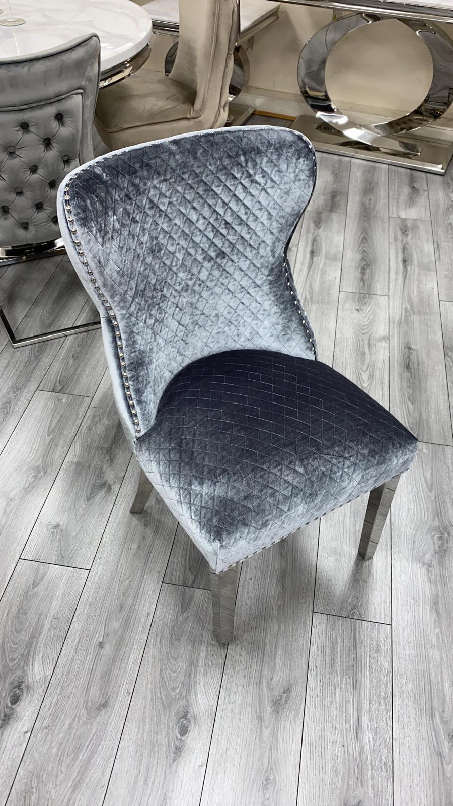 Louis 120cm White Marble Dining Table + Valente Dark Grey Lion Knocker Velvet Chairs - Image 5
