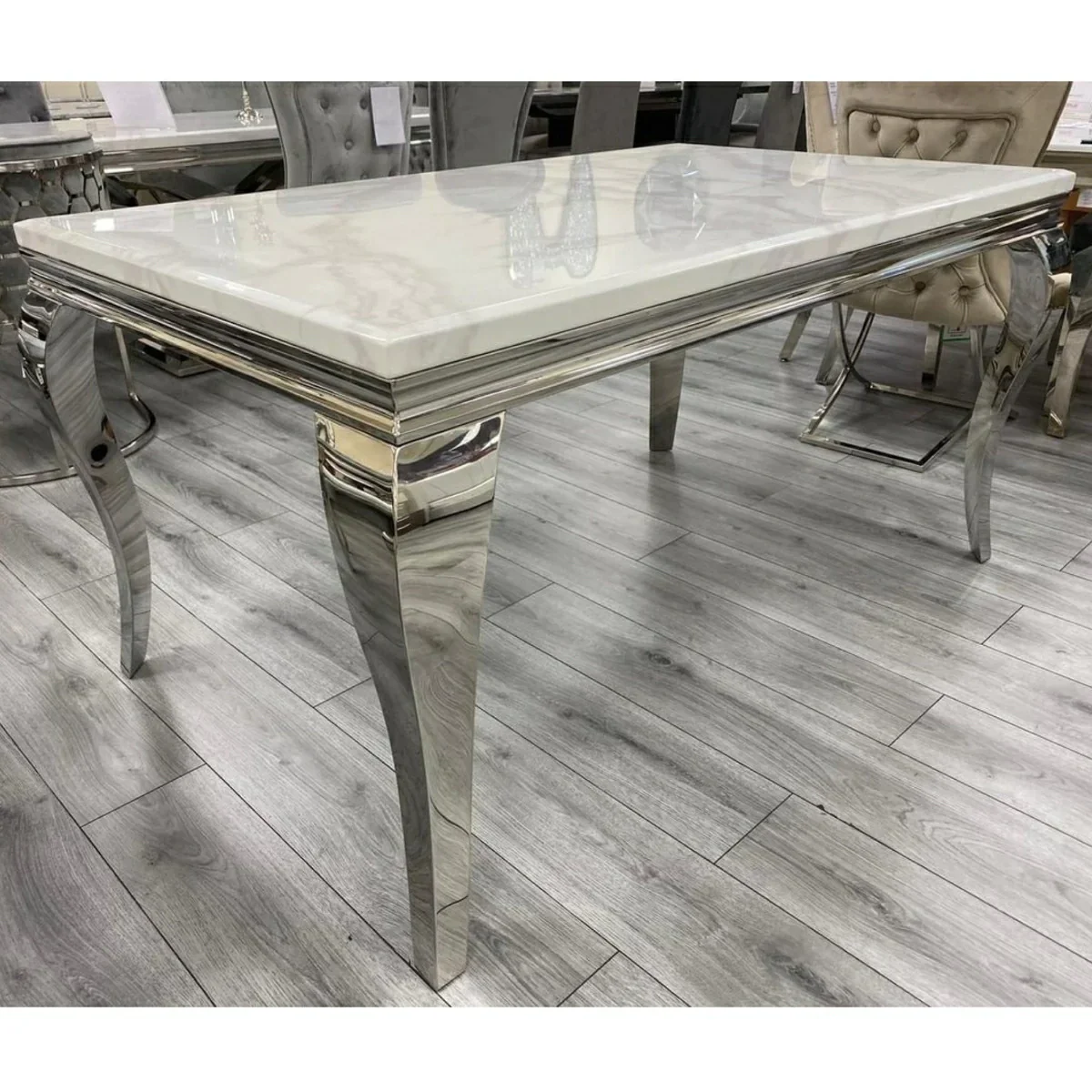 Louis 120cm White Marble Dining Table + Valente Dark Grey Lion Knocker Velvet Chairs - Image 6