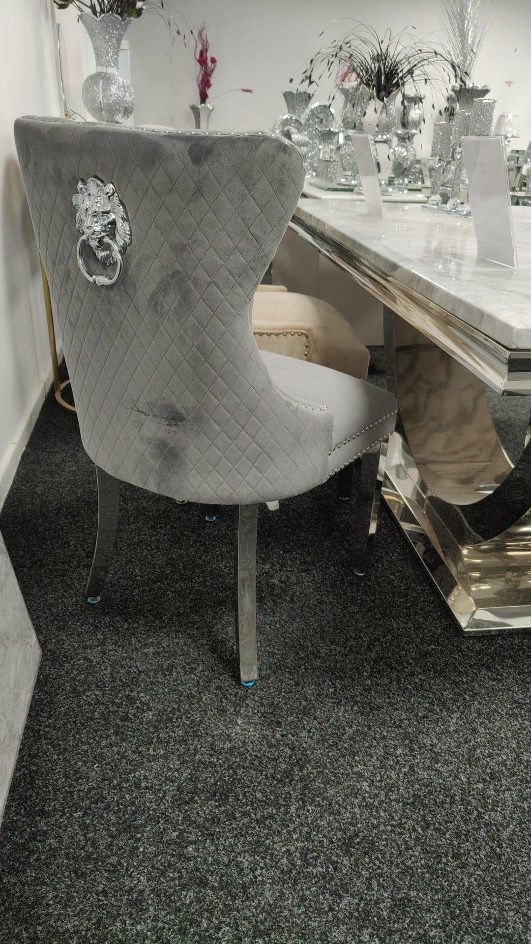 Louis 180cm Grey Marble Dining Table + Mayfair Lion Knocker Plush Velvet Chairs - Image 4