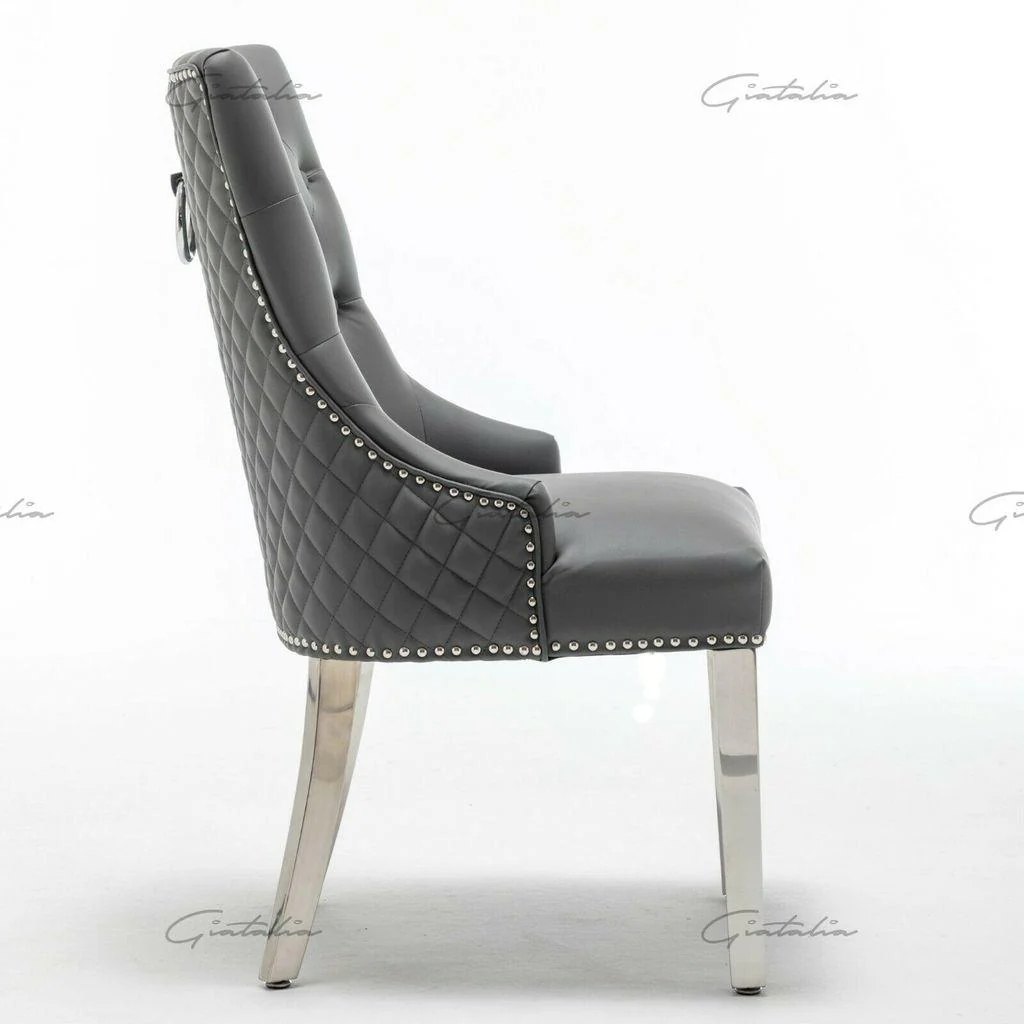 Louis 180cm White Marble Dining Table + Grey Chrome Ring Knocker Faux Leather Chairs - Image 10