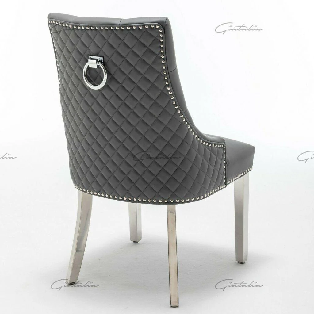 Louis 180cm White Marble Dining Table + Grey Chrome Ring Knocker Faux Leather Chairs - Image 11