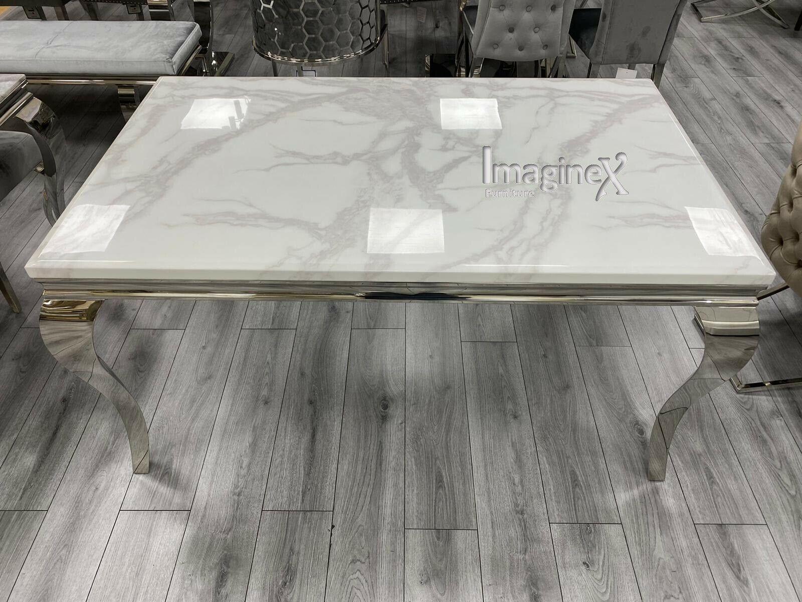 Louis 180cm White Marble Dining Table + Grey Chrome Ring Knocker Faux Leather Chairs - Image 3