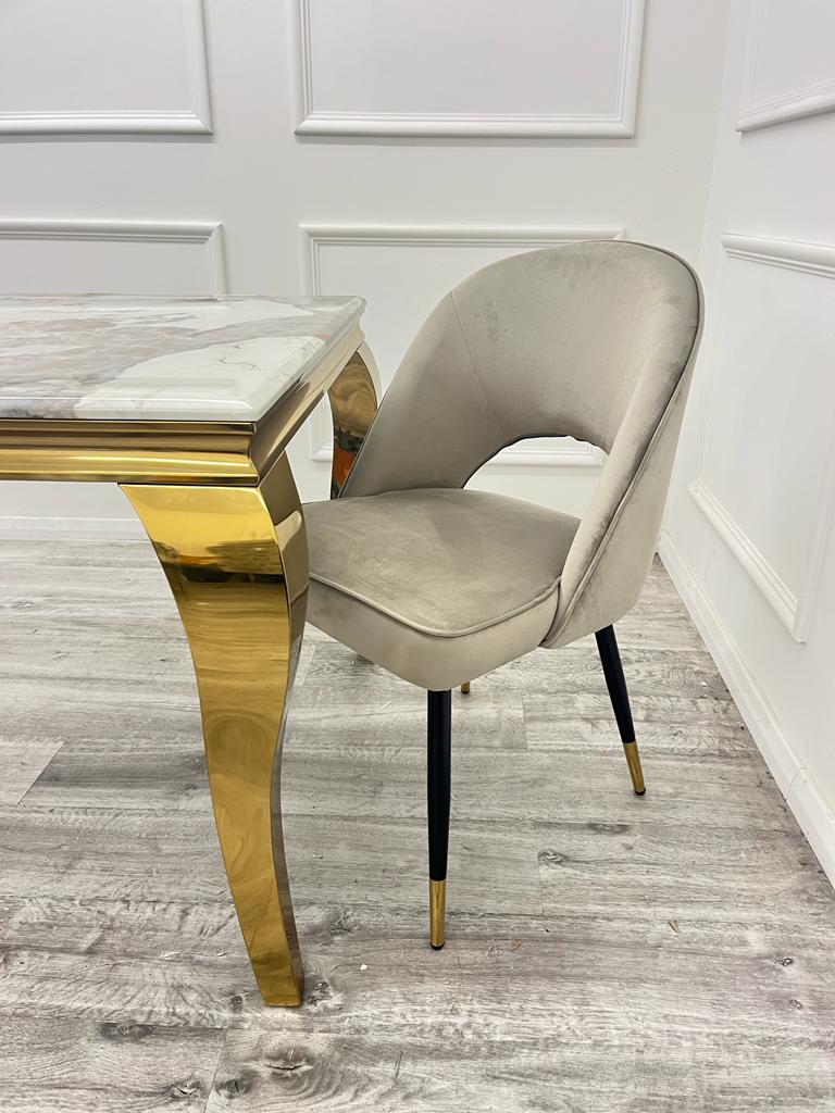 Louis Glass & Gold Dining Table With Astra Velvet / Leather Chairs - Image 13