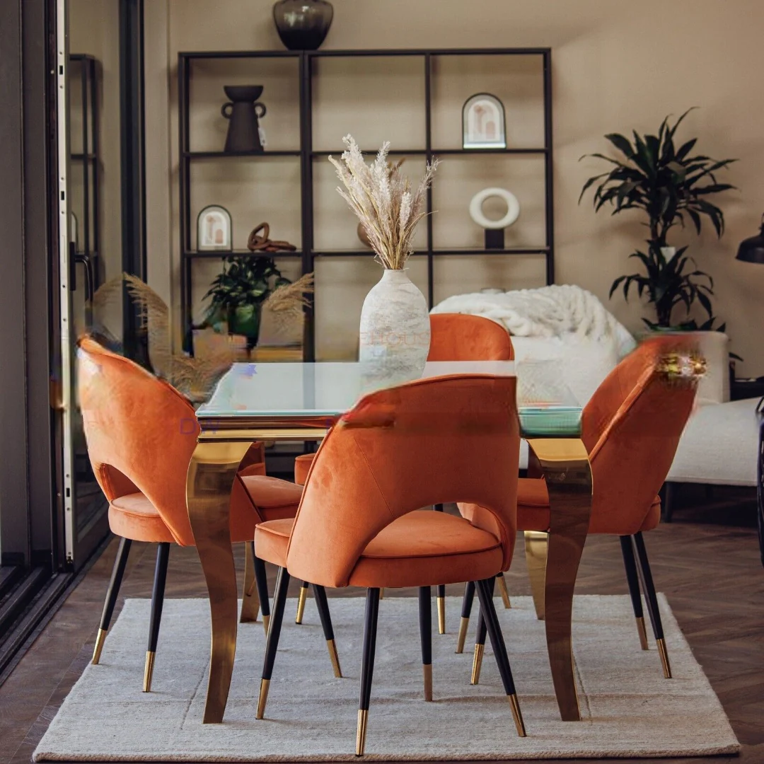 Louis Glass & Gold Dining Table With Astra Velvet / Leather Chairs - Image 3