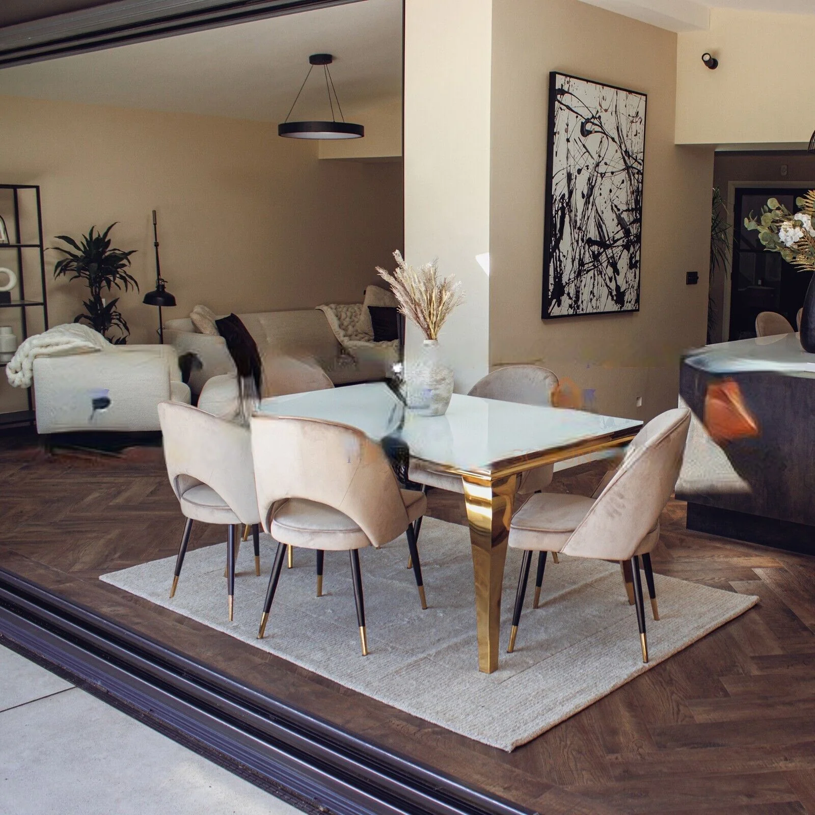 Louis Glass & Gold Dining Table With Astra Velvet / Leather Chairs - Image 4
