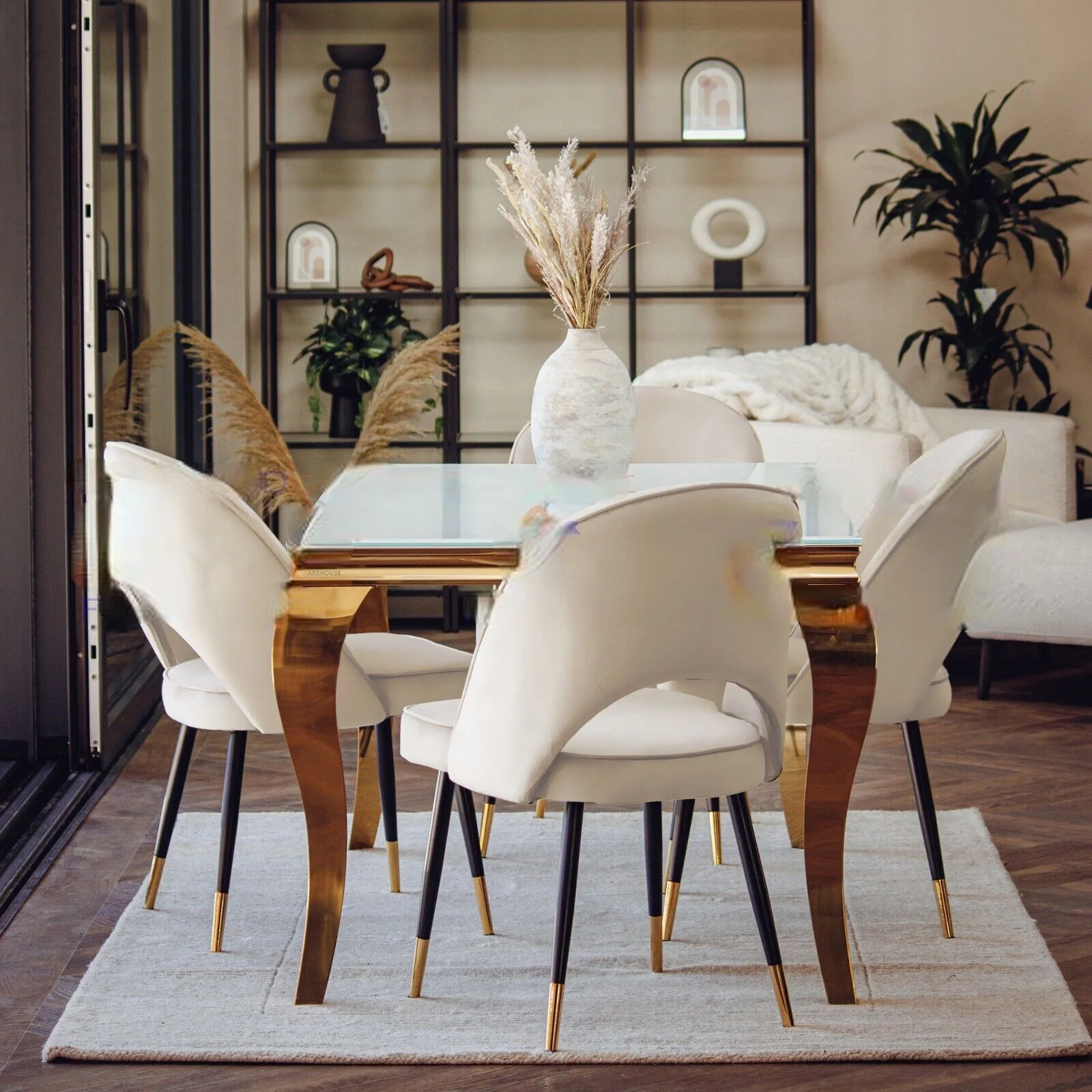 Louis Glass & Gold Dining Table With Astra Velvet / Leather Chairs - Image 5