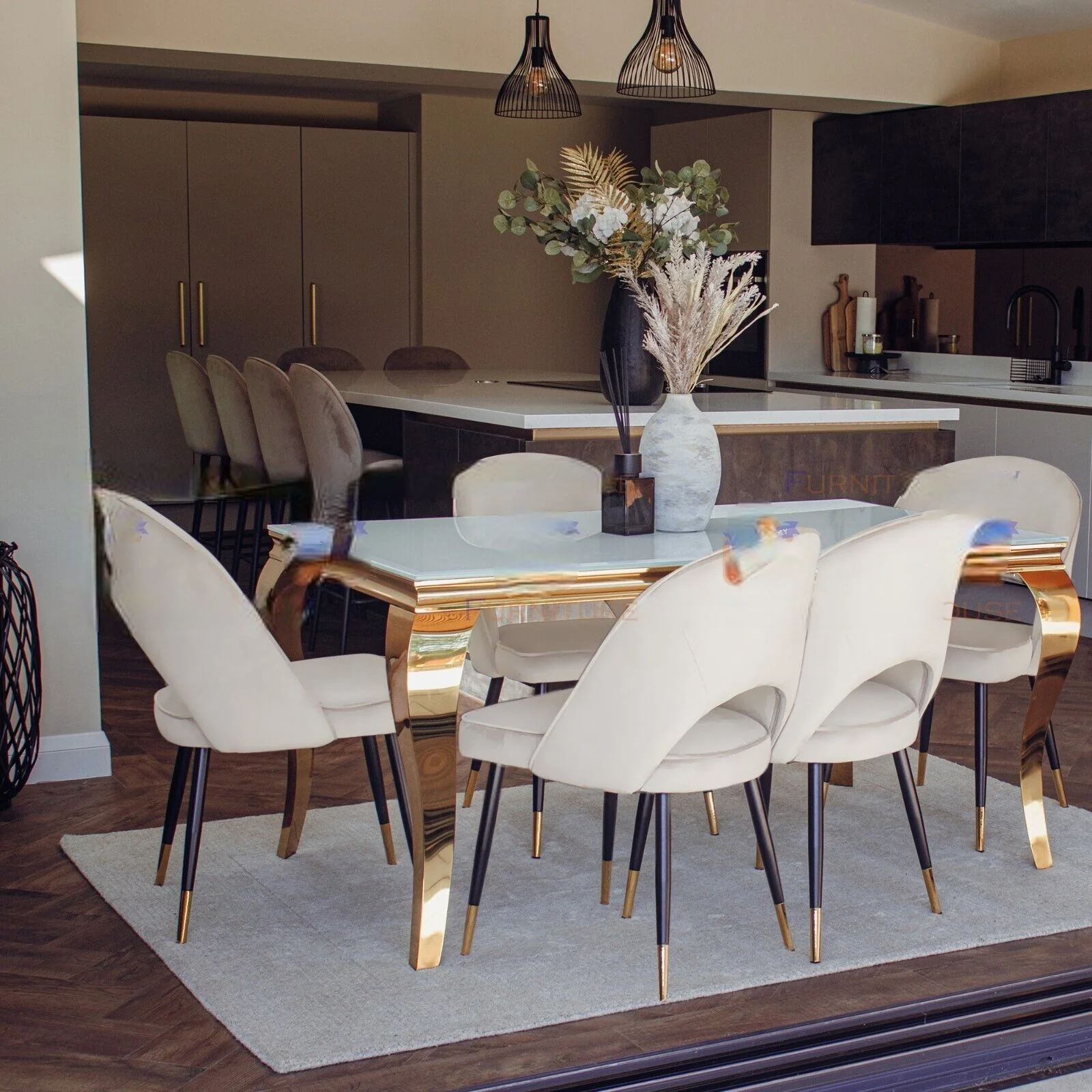 Louis Glass & Gold Dining Table With Astra Velvet / Leather Chairs - Image 6
