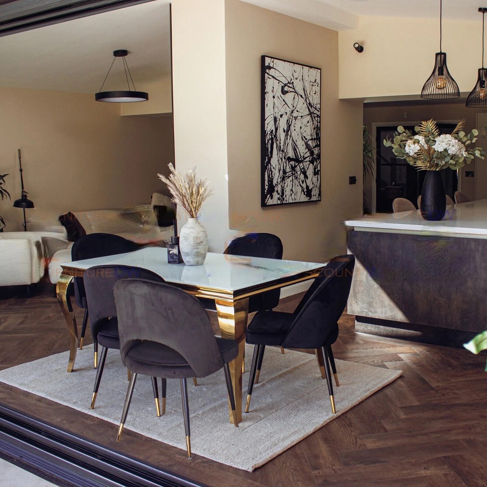 Louis Glass & Gold Dining Table With Astra Velvet / Leather Chairs - Image 7