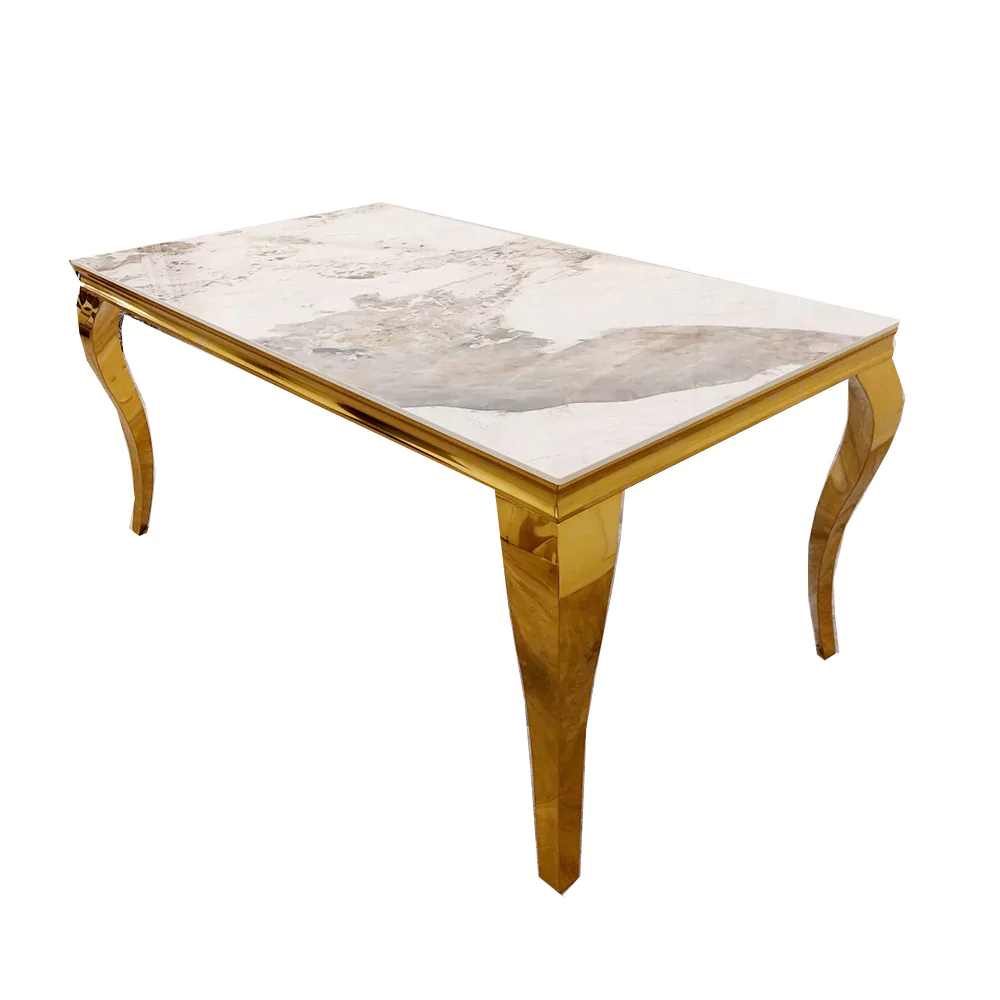 Louis Gold Pandora Gold Ceramic Marble Dining Table With Shimmer Gold Lion Knocker Dining Chairs - Image 3