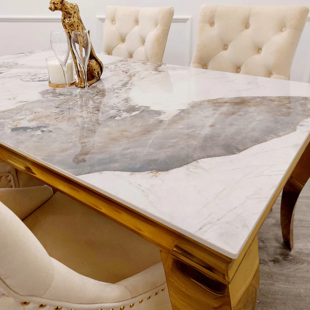 Louis Gold Pandora Gold Ceramic Marble Dining Table With Shimmer Gold Lion Knocker Dining Chairs - Image 5