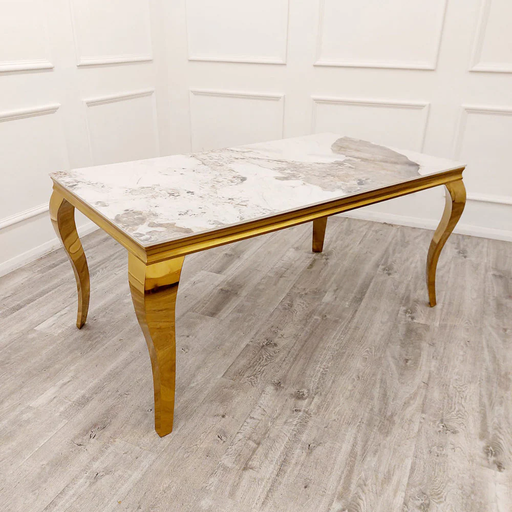 Louis Gold Pandora Gold Ceramic Marble Dining Table With Shimmer Gold Lion Knocker Dining Chairs - Image 6