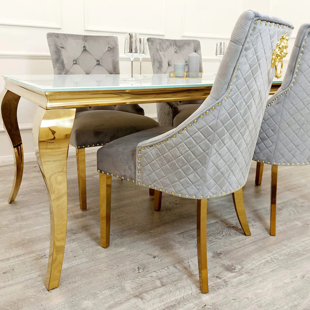 Louis Gold Ash Grey Ceramic Marble Dining Table With Gold Lion Knocker Dining Chairs - Image 10