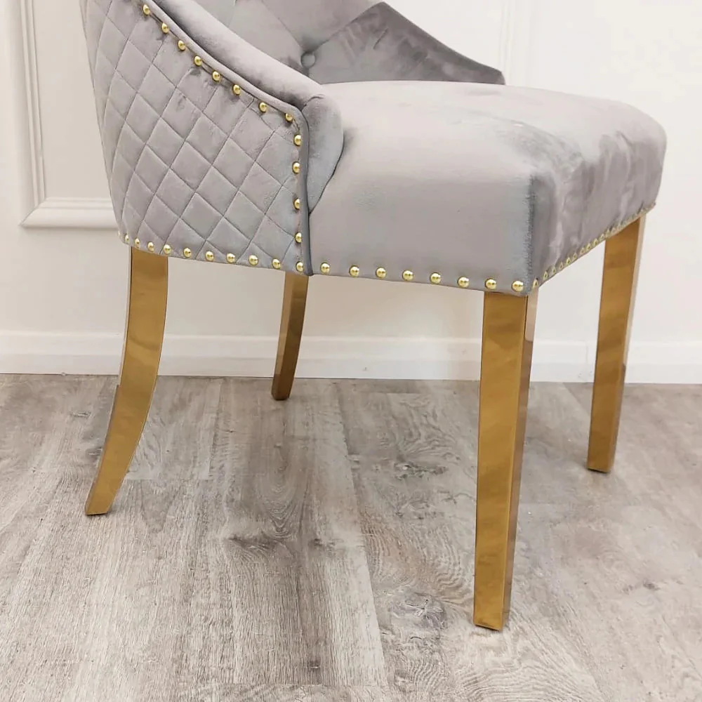 Louis Gold Ash Grey Ceramic Marble Dining Table With Gold Lion Knocker Dining Chairs - Image 12