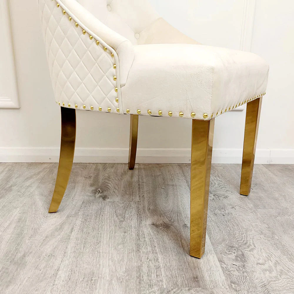 Louis Gold Ash Grey Ceramic Marble Dining Table With Gold Lion Knocker Dining Chairs - Image 14