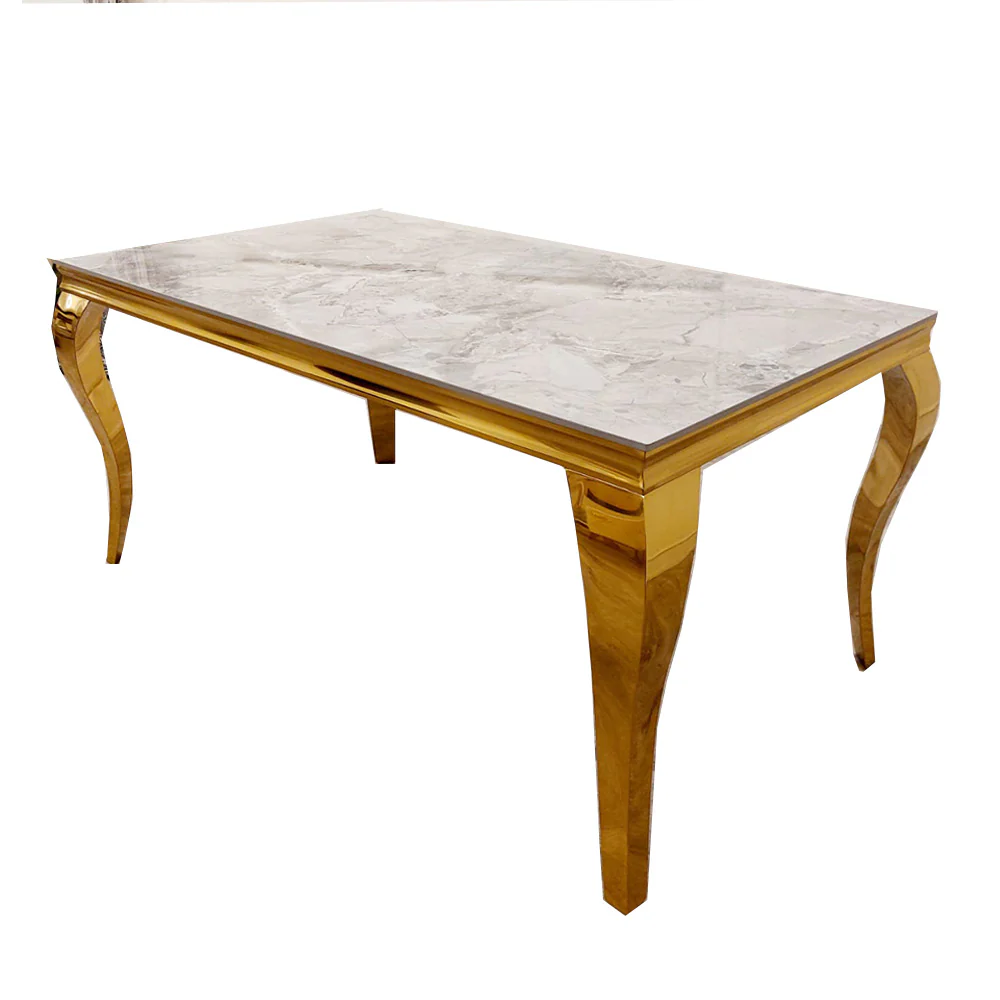 Louis Gold Ash Grey Ceramic Marble Dining Table With Gold Lion Knocker Dining Chairs - Image 15