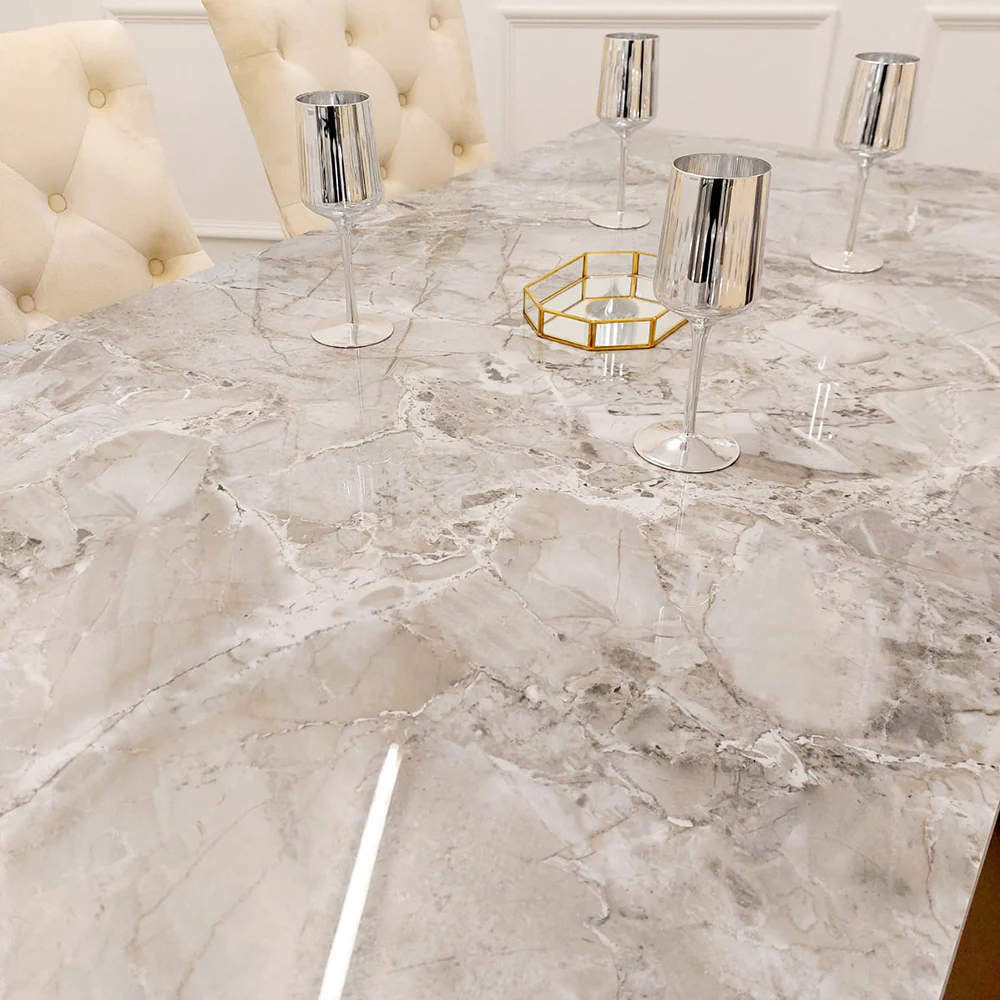 Louis Gold Ash Grey Ceramic Marble Dining Table With Gold Lion Knocker Dining Chairs - Image 16