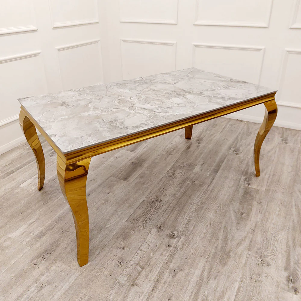 Louis Gold Ash Grey Ceramic Marble Dining Table With Gold Lion Knocker Dining Chairs - Image 17