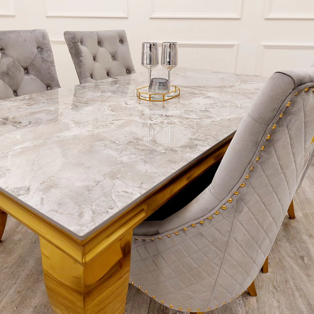 Louis Gold Ash Grey Ceramic Marble Dining Table With Gold Lion Knocker Dining Chairs - Image 3