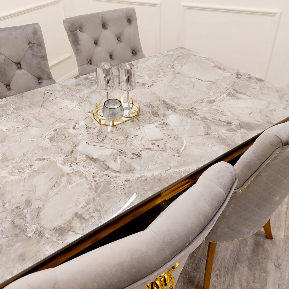 Louis Gold Ash Grey Ceramic Marble Dining Table With Gold Lion Knocker Dining Chairs - Image 4