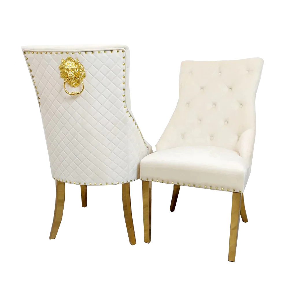 Louis Gold Ash Grey Ceramic Marble Dining Table With Gold Lion Knocker Dining Chairs - Image 5