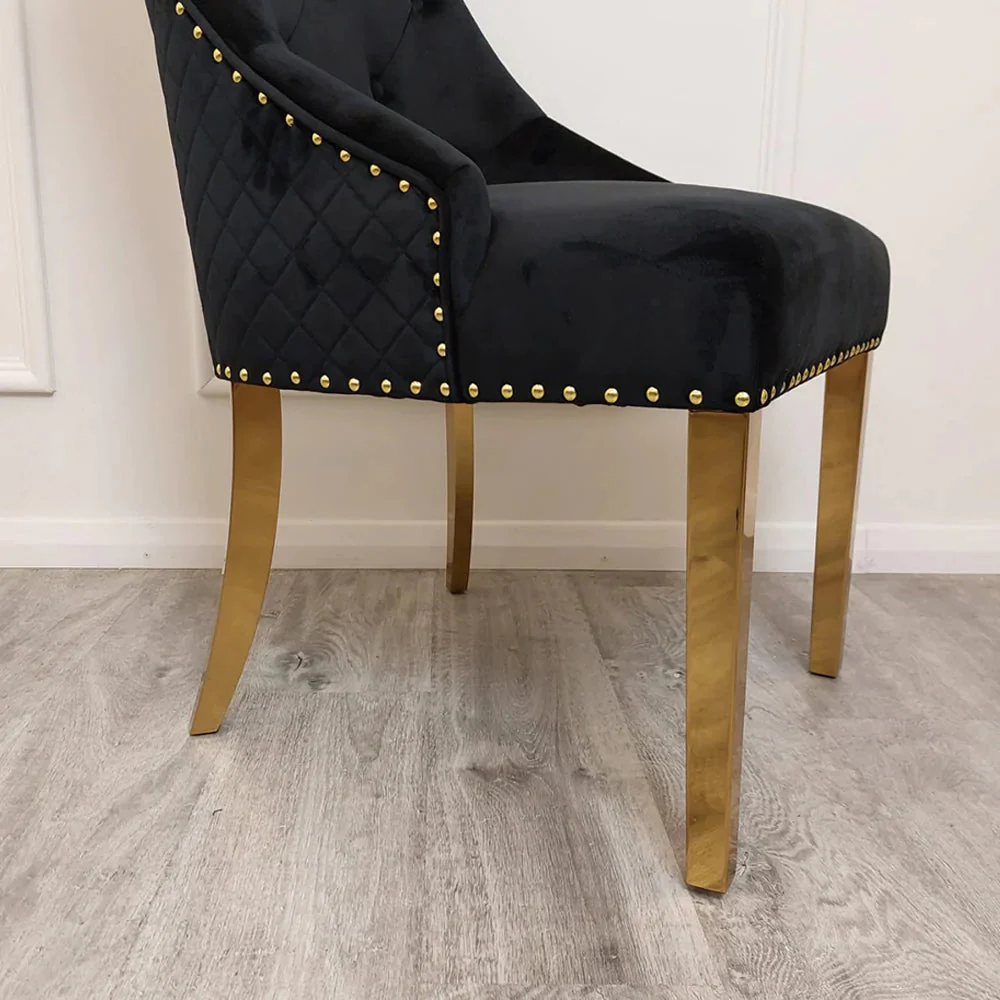 Louis Gold Ash Grey Ceramic Marble Dining Table With Gold Lion Knocker Dining Chairs - Image 9