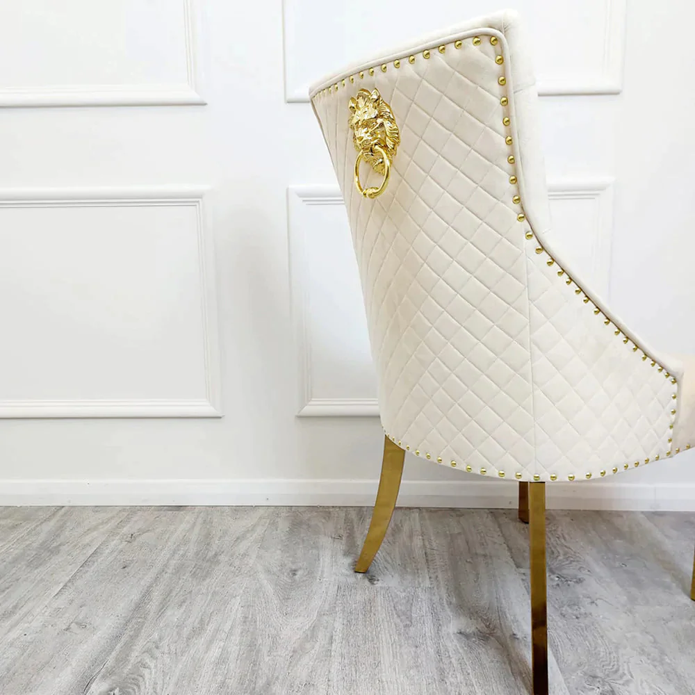 Louis Gold Polar White Sintered Stone Dining Table With Gold Lion Knocker Dining Chairs - Image 12