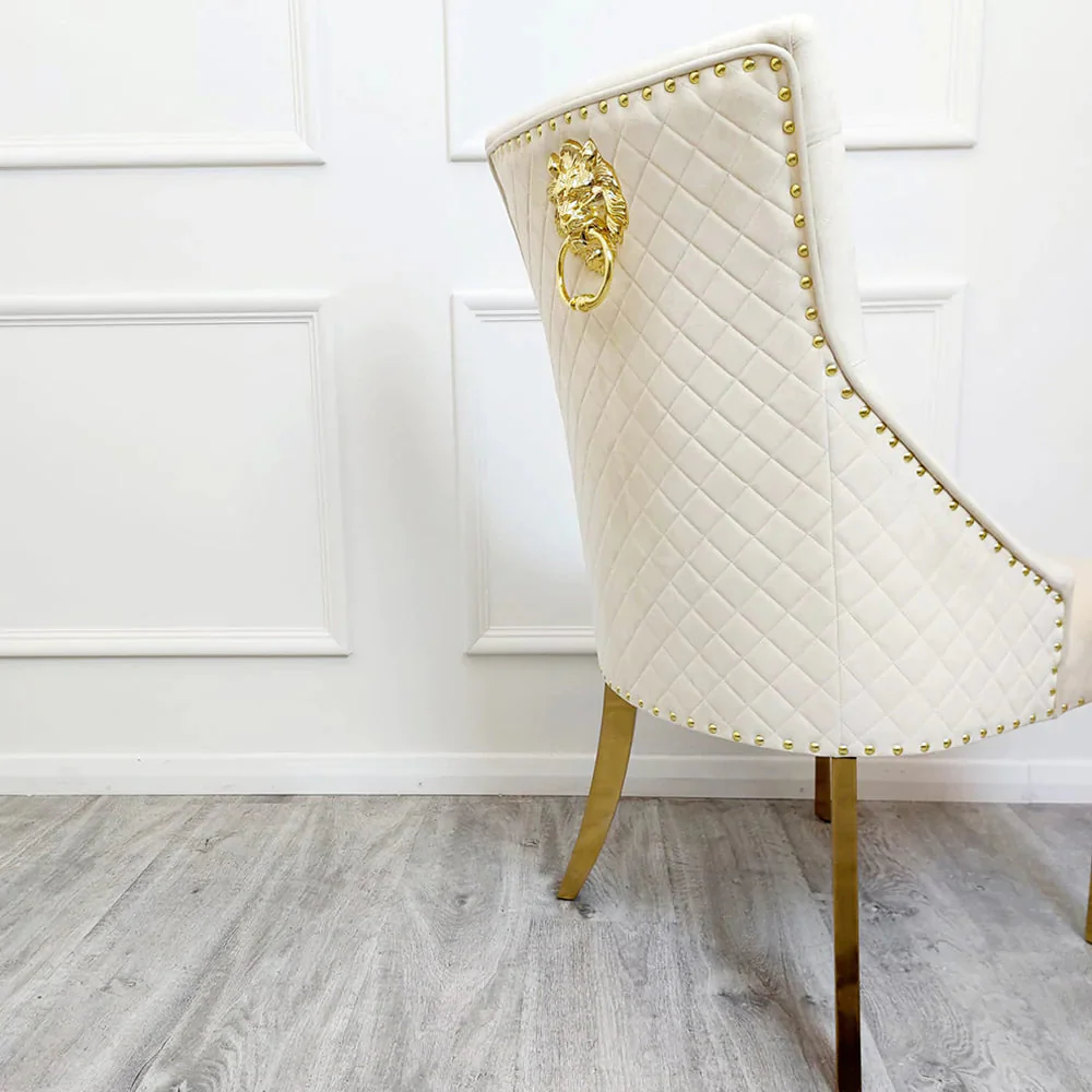 Louis Gold Polar White Sintered Stone Dining Table With Gold Lion Knocker Dining Chairs - Image 19